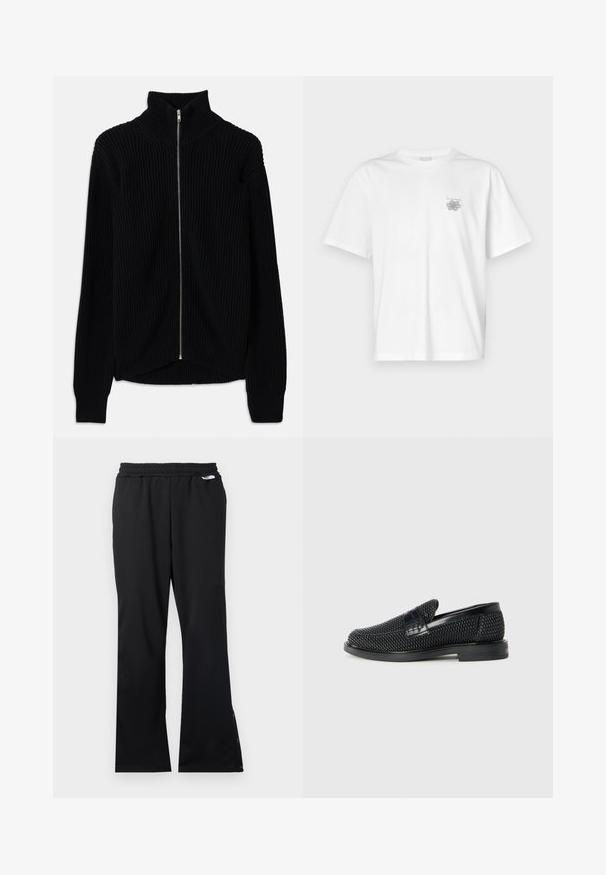 Zwart geribbeld sweater met een hoge kraag en volledige rits. Beschikt over een gestructureerde stof en een licht gebogen zoom voor een gelaagd uiterlijk.; Witte t-shirt van katoen met korte mouwen, een ronde hals, en een klein grijs logo op de linker borstzijde. Soepele textuur.; Zwarte sportieve broek van een textuurstof, met een elastische tailleband en knopen bij de enkels voor een verstelbare pasvorm. Rechte voorkant en rechte pijpen.; Zwartegeweven instap schoenen met een glad leren accent aan de bovenkant, een ronde neusontwerp en een laag profiel rubberen zool.