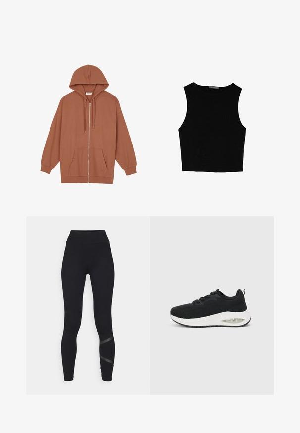 Ruskea vetoketjullinen huppari, joka on valmistettu pehmeästä kankaasta. Varusteissa on huppu, nyörit, kaksi etutaskua sekä ribbausta hihoissa ja helmassa.; Musta hihaton crop-top, joka on valmistettu sileästä kankaasta, jossa on pyöreä kaula-aukko ja siisti, yksinkertainen muotoilu ilman kuvioita tai varusteita.; ONLY Play ONPCROSS LIFE LEG - Trikoot - black; Musta urheilukenkä, jossa on teksturoitu neulepinta, valkoinen välipohja ja näkyvä ilmatyyny yksityiskohtana. Varustettu mustilla nauhoilla ja vetoketjulla.