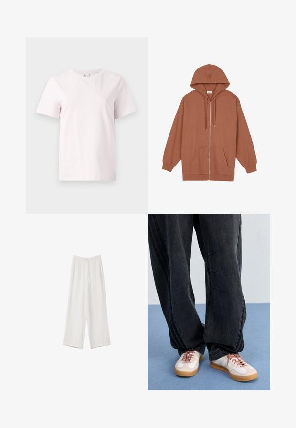 Rjava zip-up kapuca izdelana iz mehke tkanine. Ima kapuco, vrvico, dve sprednji žep in rebraste manšete ter rob.; Svetlo roza kratkokraki majica iz bombaža, s krojem s krožnim izrezom in sproščenim fitom. Gladka tekstura brez vzorcev ali okrasnih elementov.; Bele široke hlače iz lahkega materiala. Imajo elastičen pas s vrvico in stranske žepe. Gladka tekstura.; Črne široke denim hlače z naprednimi šivi, v kombinaciji z belimi in rožnatimi supergah, ki imajo gumijast podplat in rožnate vezalke.