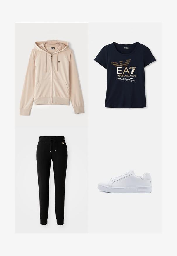 Felpa con zip beige e cappuccio. Presenta maniche raglan, tasche frontali e un piccolo logo sul petto. Tessuto morbido e liscio con polsini elasticizzati.; T-shirt blu navy a maniche corte realizzato in cotone, con un logo grafico in oro metallico che presenta testo e accenti stilizzati delle ali di un'aquila.; Pantaloni della tuta neri a sigaretta con vita con cordino e caviglie elasticizzate, mostrati su uno sfondo bianco semplice.; Sneaker bianche in pelle low-top con punta rotonda, suola piatta in gomma e dettaglio del logo sul lato. Presentano sei paia di occhielli e accenti texture.