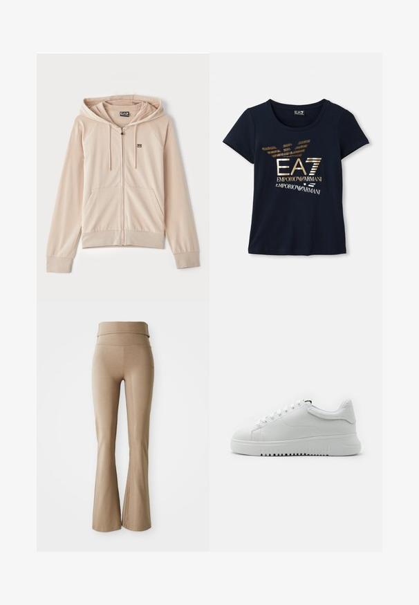 Beżowa bluza rozpinana z kapturem. Posiada rękawy raglanowe, kieszenie z przodu oraz małe logo na klatce piersiowej. Miękki, gładki materiał z elastycznymi mankietami.; Granatowa koszulka z krótkim rękawem wykonana z bawełny, posiadająca metaliczny złoty graficzny logo z tekstem oraz stylizowanymi akcentami w kształcie skrzydeł orła.; Beżowe legginsy rozszerzane, wykonane z elastycznego materiału; posiadają szeroki, składany pas oraz subtelne przeszycia. Gładka faktura, dopasowany krój.; Białe sneakersy z fakturowaną skórzaną cholewką, okrągłym noskiem i wiązanym fasonem. Gruba, biała gumowa podeszwa z fakturowanym wzorem antypoślizgowym.
