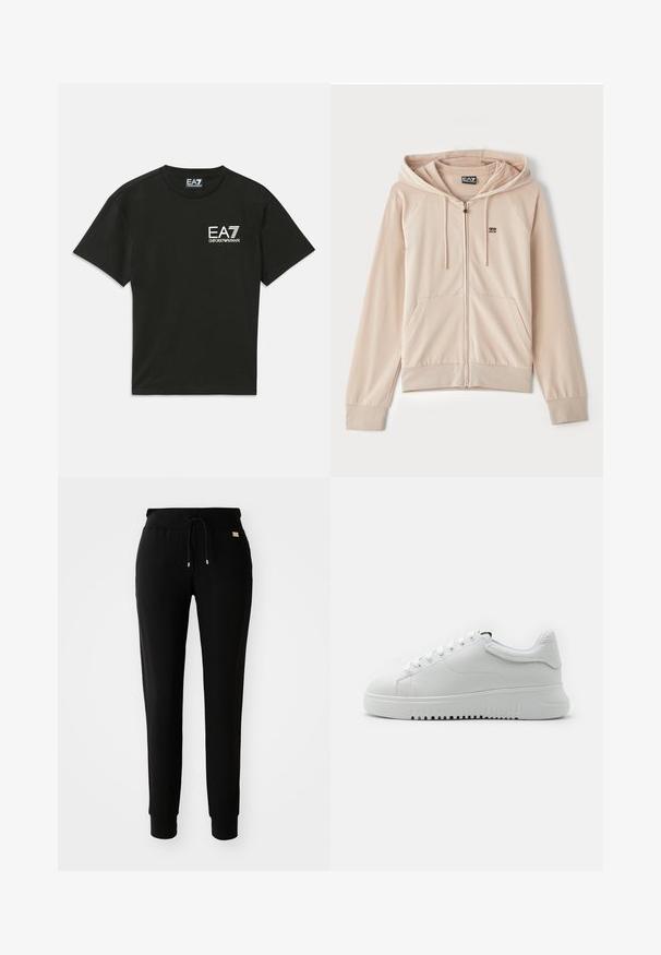 Fleece bege com fecho e capuz. Possui mangas raglan, bolsos frontais e um pequeno logótipo no peito. Tecido suave e macio com punhos elásticos.; T-shirt preta de mangas curtas com o logo branco "EA7 Emporio Armani" no lado esquerdo do peito e etiqueta de pescoço correspondente.; Calças de sweat preto ajustadas com cordão na cintura e pernas com punho, expostas sobre um fundo branco liso.; Sapatilhas brancas com um upper de couro texturizado, bico arredondado e design de atacadores. Sola grossa de borracha branca com padrão de aderência texturizado.