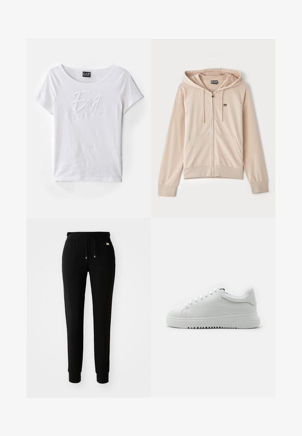 Fleece bege com fecho e capuz. Possui mangas raglan, bolsos frontais e um pequeno logótipo no peito. Tecido suave e macio com punhos elásticos.; T-shirt de algodão branco com mangas curtas e decote redondo, apresentando a marcação em branco bordada em relevo "EA7 Emporio Armani" na frente.; Calças de sweat preto ajustadas com cordão na cintura e pernas com punho, expostas sobre um fundo branco liso.; Sapatilhas brancas com um upper de couro texturizado, bico arredondado e design de atacadores. Sola grossa de borracha branca com padrão de aderência texturizado.