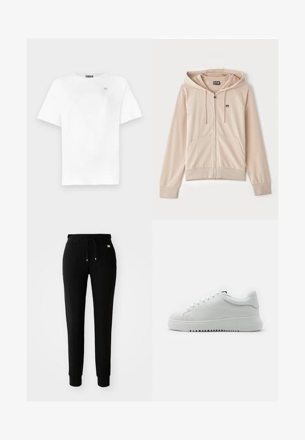 Beige zip-up hoodie with hood. Features raglan sleeves, front pockets, and a small logo on the chest. Soft, smooth fabric with elastic cuffs.; White cotton T-shirt with short sleeves, round neck, and a small gold logo on the left chest. Smooth texture, relaxed fit.; Black tapered sweatpants with drawstring waist and cuffed ankles, displayed on a plain white background.; White sneakers with a textured leather upper, round toe, and lace-up design. Thick white rubber sole with textured grip pattern.