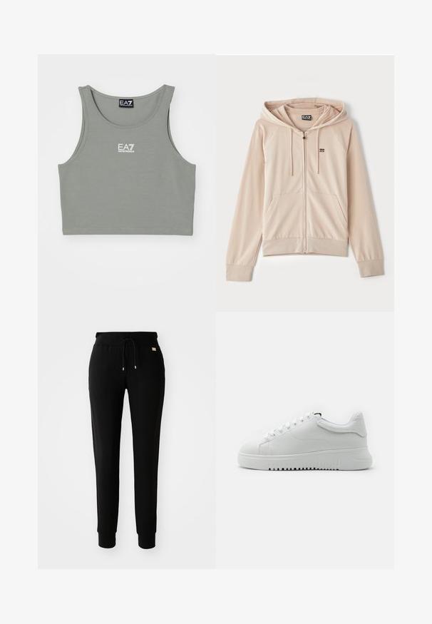 Beige zipzáras kapucnis pulóver. Raglán ujjakkal, elülső zsebekkel és egy kis logóval a mellrészen. Puha, sima anyag, rugalmas mandzsettákkal.; Ujjatlan, világosszürke cropped top, puha anyagból készült. Kerek nyakkivágással és egy kis fehér logóval rendelkezik elöl.; Fekete, szűkített fazonú melegítőnadrág, zsinóros derékkal és gumi mandzsettával, sima fehér háttéren bemutatva.; Fehér sportcipők strukturált bőrfelsővel, kerek orrával és fűzős kialakítással. Vastag fehér gumi talp, texturált tapadó mintával.