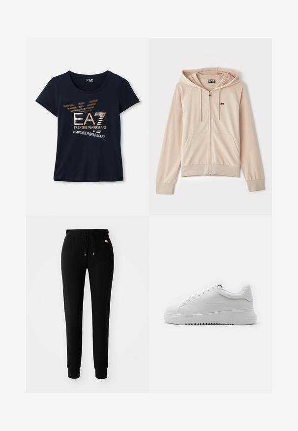 Beige zapínací mikina s kapucí. Obsahuje raglánové rukávy, přední kapsy a malé logo na hrudi. Měkká, hladká tkanina s elastickými manžetami.; Námořnická modrá tričko s krátkým rukávem vyrobené z bavlny, s metalicky zlatým grafickým logem, které obsahuje text a stylizované akcenty orlího křídla.; Černé zúžené tepláky s tkaničkou v pase a staženými kotníky, vystavené na jednoduchém bílém pozadí.; Bílé tenisky s texturovaným koženým svrškem, kulatou špičkou a šněrovacím designem. Silná bílá gumová podešev s texturovaným vzorem pro lepší trakci.