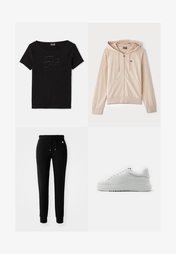 Fleece bege com fecho e capuz. Possui mangas raglan, bolsos frontais e um pequeno logótipo no peito. Tecido suave e macio com punhos elásticos.; T-shirt preto de mangas curtas feito de tecido suave. Apresenta um decote arredondado e um logotipo bordado texturizado na parte frontal.; Calças de sweat preto ajustadas com cordão na cintura e pernas com punho, expostas sobre um fundo branco liso.; Sapatilhas brancas com um upper de couro texturizado, bico arredondado e design de atacadores. Sola grossa de borracha branca com padrão de aderência texturizado.