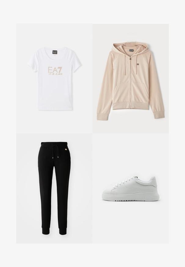 Beige zip-up hoodie med huva. Utrustad med raglanärmar, framfickor och en liten logotyp på bröstet. Mjuk, slät tyg med elastiska ärmslut.; Vit bomullstshirt med rund halsringning, prydd med en guldtonad rhinestoneslogga "EA7 EMPORIO ARMANI" centrerad på framsidan.; Svarta taperade joggingsbyxor med dragsko i midjan och uppvikta anklar, uppvisade mot en enkel vit bakgrund.; Vita sneakers med en texturerad läderöverdel, rund tå och snörningsdesign. Tjock vit gummisula med texturerat greppmönster.