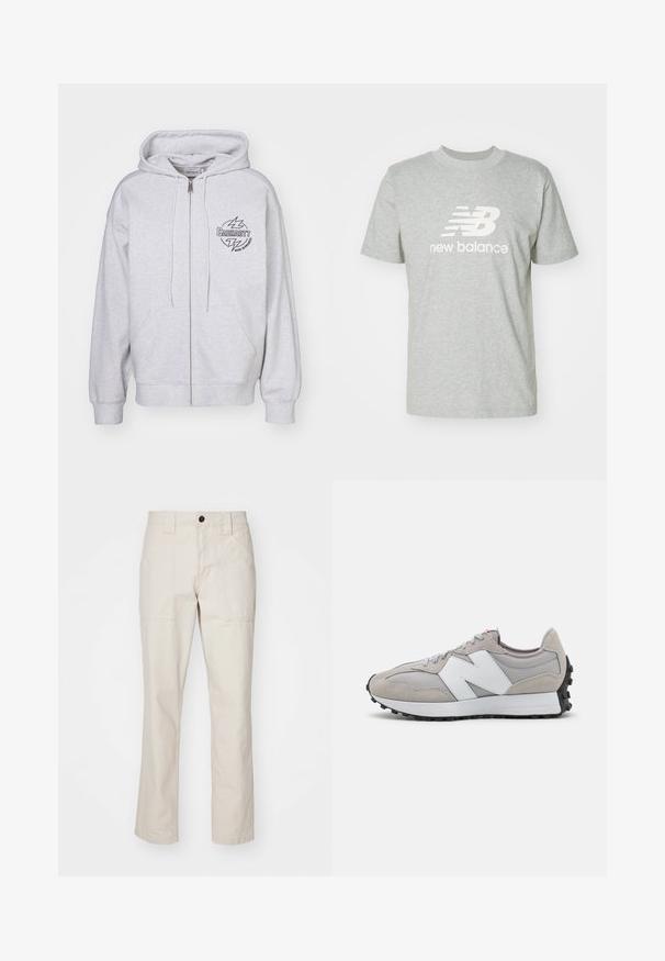 Hallide hallidega hall kapuutsiga jakk, ees tasku, reguleeritavad nöörid ja must logo, millel on välgud vasakul rinnal. Pehme tekstuur.; Helehallist puuvillane t-särk, millel on lühikesed varrukad, ümmargune kaelus ja ees silmatorkav valge "New Balance" logo.; Beezid puuvillased püksid otse lõikega, millel on kaks esikot, üks nupuga kinnitamine ja nähtavad õmbluse aktsendid.; Halli tennises, mis on valmistatud võrgu- ja sametmaterjalidest, valge külglogo, hallid paelad ja must kummipohjaga.