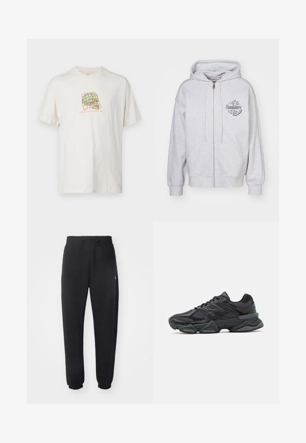 Grå zip-up hoodie med en frontlomme, justerbare snore og et sort logo med lyn på venstre bryst. Blød tekstur.; Creme bomulds t-shirt med afslappet pasform; har et grafisk design af et skelet og et gittermønster i grøn og rød. Korte ærmer og rund hals.; Sorte sweatpants lavet af blødt materiale med elastisk talje, snore og indsnævrede manchetter, med et diskret logo på siden.; Sorte løbesko med en blanding af mesh og syntetiske materialer, kraftig sål, buet design og fremtrædende branding på siden.