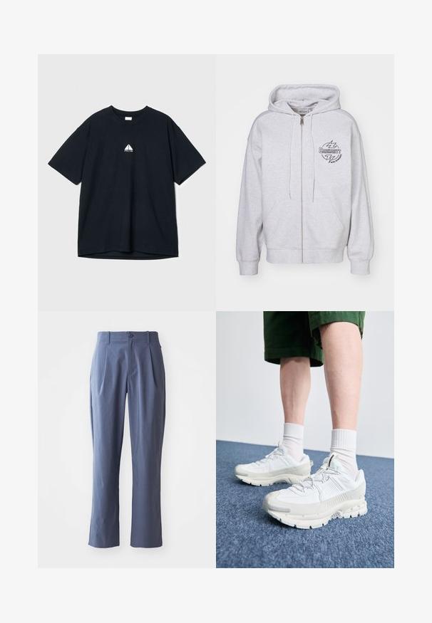 Szürke cipzáras kapucnis pulóver elülső zsebbel, állítható húzózsinórral, a bal mellrészen fekete villámokkal díszített logóval. Puha tapintású.; Fekete pamut póló kerek nyakkal, rövid ujjakkal és egy kisebb fehér grafikus logóval a mellkasán. Puha tapintású, lazán illeszkedő fazon.; Tengerészkék nadrág, pliszézett, egyenes szabású, könnyű anyagból készült, egy elülső gombos záródással és övlyukakkal.; Fehér sportcipők texturált burkolattal, vastag talppal és szürke részletekkel. Fehér sportzoknival és zöld rövidnadrággal viselve, kék felületen.