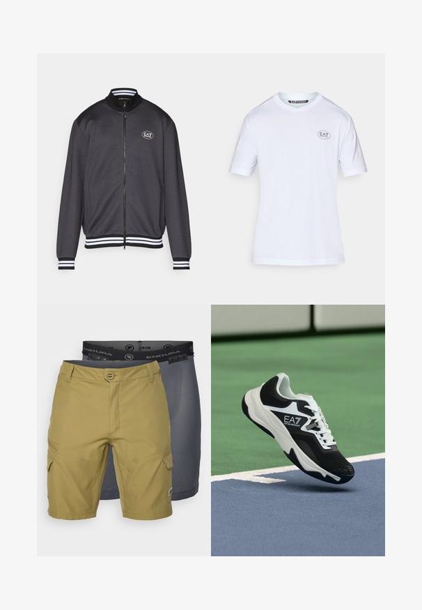Grå zip-up jakke med ribbet krave, hvide stribede manchetter og EA7-logo på brystet. Glat tekstur, afslappet pasform og sidelommer.; Hvid t-shirt med korte ærmer lavet af bomuldsstof. Har et lille rundt sort logo på venstre bryst og en klassisk rund halsudskæring.; To sæt shorts: et olivengrønt sæt med lommer og en tekstureret talje, og et sæt mørkegrå mesh-liner synligt derunder.; Sort-hvid EA7 Emporio Armani sneaker svævende over blå og grønne tennisbanestriber.