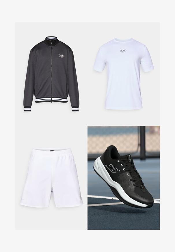 Pelēks jaku ar rāvējslēdzēju un ribotu apkakli, ar baltiem svītrainiem piedurkņu galiem un EA7 logo uz krūtīm. Gluda tekstūra, brīvs piegriezums un sānu kabatas.; Balts īsām piedurknēm sporta krekls, izgatavots no viegla, elpojoša sieta auduma. Tam ir apaļš kakla izgriezums un apļveida EA7 logo uz krūšu daļas.; Baltie šorti ar elastīgu jostasvītnu, gluda tekstūra un logo detaļa apakšējā kreisajā stūrī. Vienkāršs, neizpušķots dizains.; Melnas sporta kurpes ar teksturētu virsmu, baltām akcentēm un mīkstinātu balto zoli. Iespējams, ka tās ir ar šņorēm un caurumu dizainu gaisa caurlaidībai.