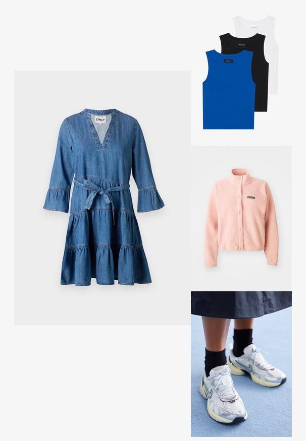 Casaco de fleece rosa claro com fecho de botões de pressão, gola alta, mangas longas e logótipo da Columbia no peito.; Vestido de ganga com decote em V, mangas flare de três quartos, cintura com cinto e barra com volantes em camadas. Apresenta costuras azul claro e um ajuste descontraído.; Três camisetas sem mangas em azul, preto e branco. O tecido é canelado com um decote redondo. Cada camiseta tem uma etiqueta com a inscrição "even&odd."; Sapatilhas Nike brancas e prateadas com tecido em malha, detalhes refletivos e sola bege. Usadas com meias pretas, de pé sobre uma superfície azul.