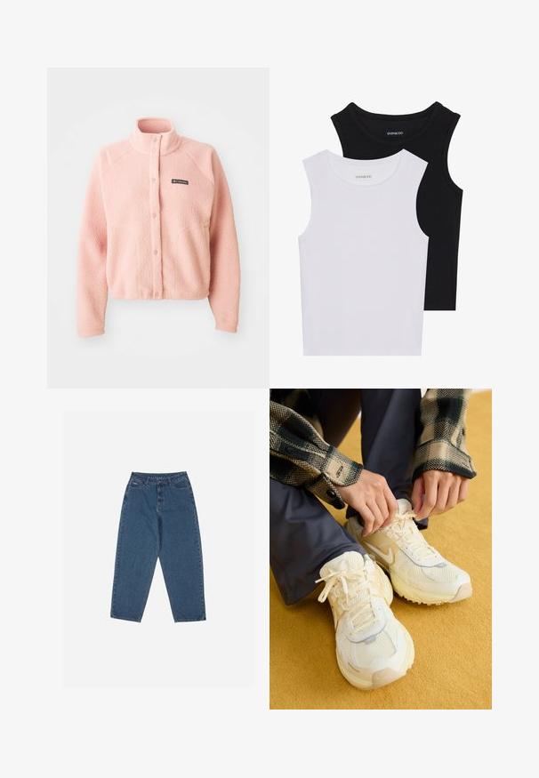 Soft pink fleece jacket with snap button closure, high collar, long sleeves, and Columbia logo on the chest.; Two sleeveless tops in black and white, made of ribbed cotton, featuring round necklines and a fitted design. Labels visible on both.; Blue denim jeans with a relaxed fit, high waist, five-pocket design, and stitching accents. Features a button and zipper closure.; Nike Sportswear V2K RUN TRK3 - Trainers - pale ivory/coconut milk/sanddrift/light smoke grey