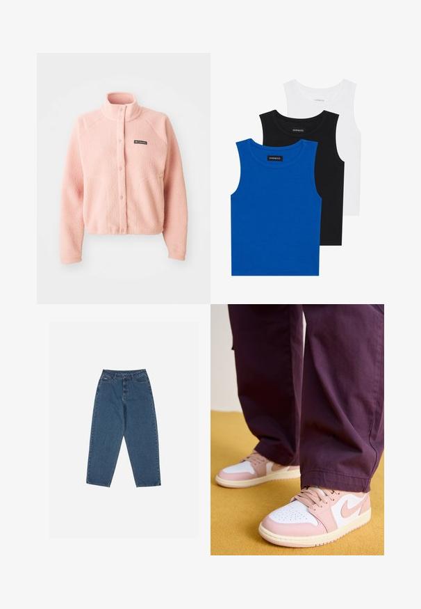 Veste en polaire rose doux avec fermeture à boutons-pression, col montant, manches longues et logo Columbia sur la poitrine.; Trois débardeurs sans manches en bleu, noir et blanc. Le tissu est côtelé avec un col rond. Chaque débardeur a une étiquette portant la mention « even&odd ». ; Jean en denim bleu avec une coupe décontractée, taille haute, design à cinq poches et accents de couture. Dispose d'une fermeture par bouton et fermeture éclair.; Jordan AIR JORDAN 1 LOW - Baskets basses - white/pink oxford/sail