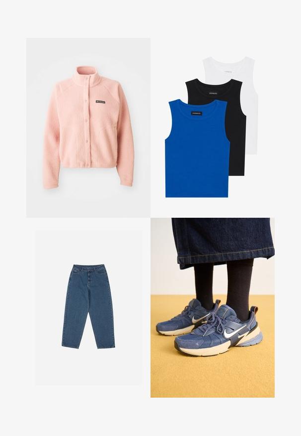 Puha rózsaszín polárdzseki patentgombos záródással, magas gallérral, hosszú ujjal és Columbia logóval a mellkasán.; Három ujjatlan póló kék, fekete és fehér színben. Az anyaga bordázott, kerek nyakkivágással. Minden pólón egy "even&odd" feliratú címke található.; Kék farmernadrág, laza szabással, magas derékkal, öt zsebes kialakítással és varrási díszítésekkel. Gombos és cipzáros záródással rendelkezik.; Sötétkék sportcipő hálós és velúr felsőrésszel, fehér logóval és réteges talppal. Sötét zoknival és farmer szoknyával viselve.