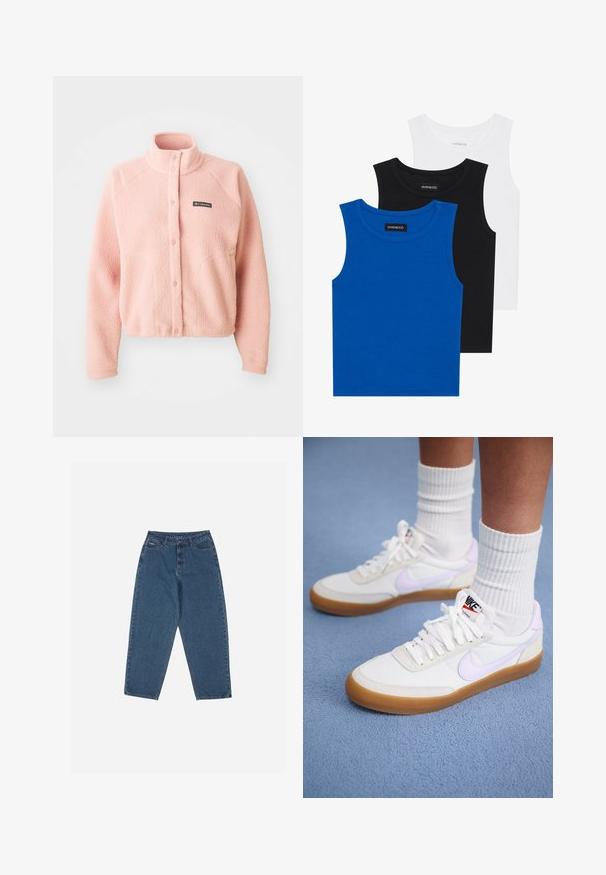 Mīksta rozā flīsa jaka ar pogu aizdari, augstu apkakli, garām piedurknēm un Columbia logo uz krūtīm.; Trīs bezpiedurkņu krekli zilā, melnā un baltā krāsā. Audums ir ribots ar apaļu kakla izgriezumu. Katram kreklam ir birka ar uzrakstu "even&odd."; Zilā džinsu auduma bikses ar brīvu piegriezumu, augstu jostasvietu, piecu kabatu dizainu un šuvju akcentiem. Iekļauts pogu un rāvējslēdzēja aizdare.; Baltas kanvas sporta apavi ar gaismas violetu Nike swoosh, gumijas zole un plakaniem šņorēm. Valkāti ar baltām ribotām zeķēm, uz zilas fona.