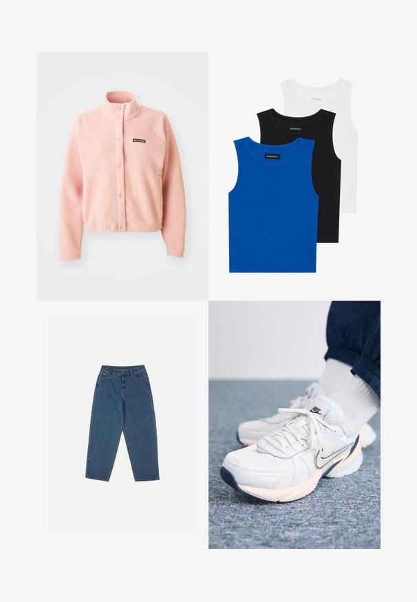 Veste en polaire rose doux avec fermeture à boutons-pression, col montant, manches longues et logo Columbia sur la poitrine.; Trois débardeurs sans manches en bleu, noir et blanc. Le tissu est côtelé avec un col rond. Chaque débardeur a une étiquette portant la mention « even&odd ». ; Jean en denim bleu avec une coupe décontractée, taille haute, design à cinq poches et accents de couture. Dispose d'une fermeture par bouton et fermeture éclair.; Chaussures de sport Nike avec une tige en mesh blanche et bleu clair, présentant une semelle épaisse, un système de laçage et un accent en swoosh marine.