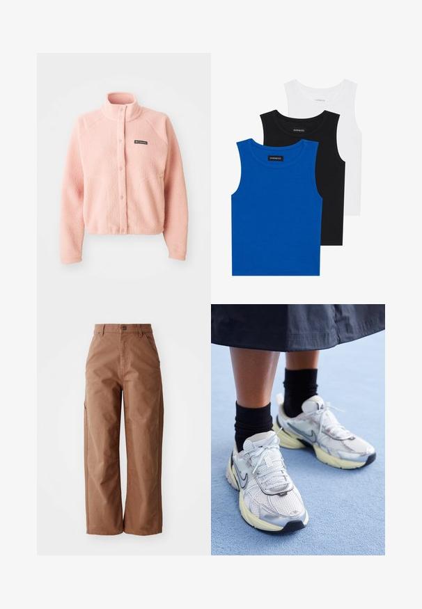 Mäkká ružová fleecová bunda so zapínaním na cvoky, vysokým golierom, dlhými rukávmi a logom Columbia na hrudi.; Tričko bez rukávov v modrej, čiernej a bielej farbe. Materiál je rebrovaný s okrúhlym výstrihom. Každé tričko má štítok s označením „even&odd.“; Hnedé široké nohavice vyrobené z pevnej tkaniny. Majú vysoký pás, predné vrecká a jemné detaily prešívania.; Biele a strieborné Nike tenisky s mrežovou textíliou, reflexnými akcentmi a béžovou podrážkou. Nosené s čiernymi ponožkami, stojace na modrom povrchu.