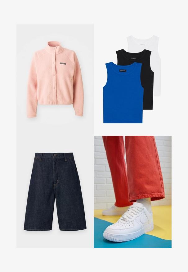 Soft pink fleece jacket with snap button closure, high collar, long sleeves, and Columbia logo on the chest.; Three sleeveless shirts in blue, black, and white. The fabric is ribbed with a round neckline. Each shirt has a tag labeled “even&odd.”; Dark blue denim shorts with a straight cut, featuring a button closure, five pockets, and visible yellow stitching along the seams.; White leather sneaker with perforated toe box, textured sole, and white laces, paired with wide red pants and a blue and yellow background.
