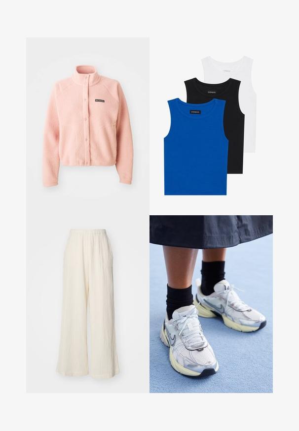 Mehakko roza flis jakna z gumbastim zapiranjem, visokim ovratnikom, dolgimi rokavi in Columbia logotipom na prsih.; Tri majice bez rukavov v modri, črni in beli barvi. Tkanina je rebrasta z okroglo ovratnikom. Vsaka majica ima oznako "even&odd."; Kremne široke hlače iz teksturirane tkanine z elastičnim pasom in dvema stranskima žepoma, s pâtnimi navpičnimi rebrastimi vzorci.; Bele in srebrne Nike teniske z mrežasto tkanino, refleksnimi poudarki in bež podplatom. Nosi se z črnimi nogavicami, stoji na modri površini.