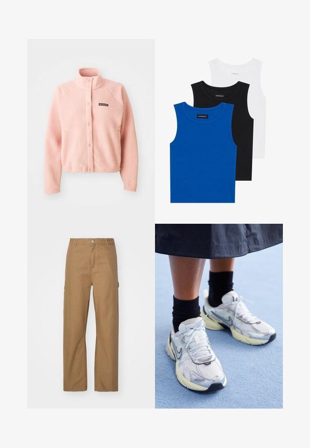 Jachetă din fleece moale, roz pal, cu închidere prin capse, guler înalt, mâneci lungi și logo-ul Columbia pe piept.; Trei tricouri fără mâneci, în culorile albastru, negru și alb. Materialul este texturat, cu un decolteu rotund. Fiecare tricou are un eticheta pe care scrie "even&odd."; Pantaloni drepți, de culoare bej, confecționați dintr-un amestec de bumbac. Caracteristici: închidere cu un buton în față și două buzunare laterale; textură netedă, mată.; Adidași Nike albi și argintii, cu material din plasă, accente reflexive și talpă bej. Purtați cu șosete negre, stând pe o suprafață albastră.