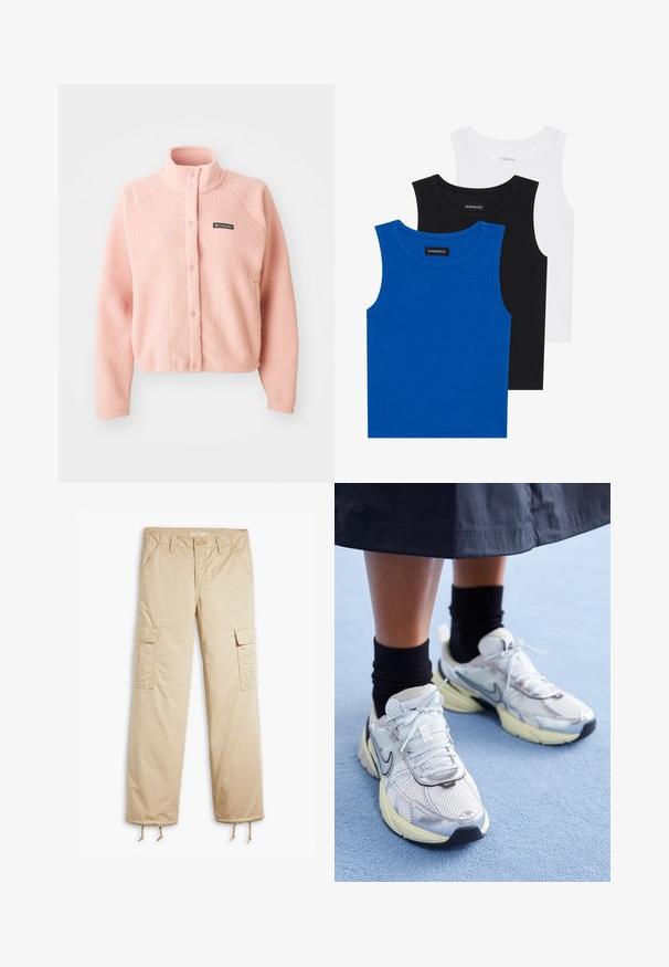 Mehakko roza flis jakna z gumbastim zapiranjem, visokim ovratnikom, dolgimi rokavi in Columbia logotipom na prsih.; Tri majice bez rukavov v modri, črni in beli barvi. Tkanina je rebrasta z okroglo ovratnikom. Vsaka majica ima oznako "even&odd."; Bež hlače s cargo krojem, sproščenega fit, več sprednjih in stranskih žepov, vrvico na manšetah ter gladko teksturo bombaža.; Bele in srebrne Nike teniske z mrežasto tkanino, refleksnimi poudarki in bež podplatom. Nosi se z črnimi nogavicami, stoji na modri površini.