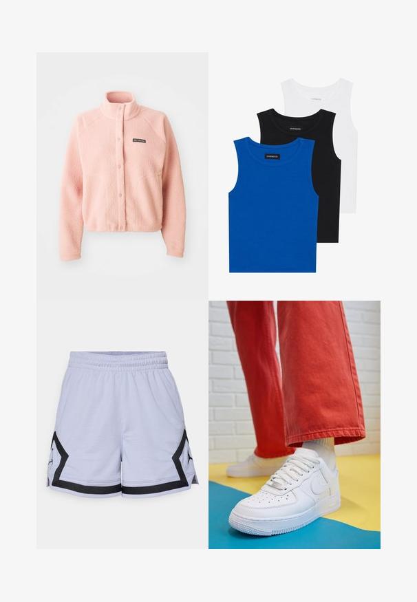 Zachte roze fleece jas met drukknoopsluiting, hoge kraag, lange mouwen en Columbia-logo op de borst.; Drie mouwloze shirts in blauw, zwart en wit. De stof is ribbelstof met een ronde hals. Elk shirt heeft een label met de tekst "even&odd."; Lichtpaarse sportshorts van een gestructureerde stof, met zwarte accenten, een elastische tailleband en uitsparingen aan de zijkanten voor meer bewegingsvrijheid.; Witte leren sneaker met geperforeerde teenbox, gestructureerde zool en witte veters, gecombineerd met wijde rode broeken en een blauw-geel achtergrond.