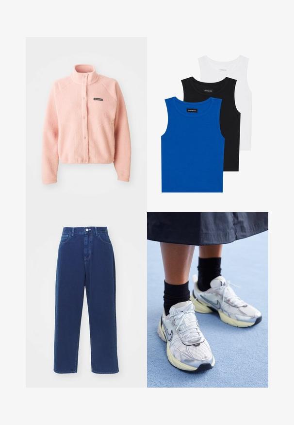 Zachte roze fleece jas met drukknoopsluiting, hoge kraag, lange mouwen en Columbia-logo op de borst.; Drie mouwloze shirts in blauw, zwart en wit. De stof is ribbelstof met een ronde hals. Elk shirt heeft een label met de tekst "even&odd."; Marineblauwe wijde spijkerbroek van katoen, met een hoge taille, voorzakken en contrasterende stikseldetails.; Witte en zilveren Nike sneakers van meshstof, met reflecterende accenten en een beige zool. Gedragen met zwarte sokken, staand op een blauwe ondergrond.