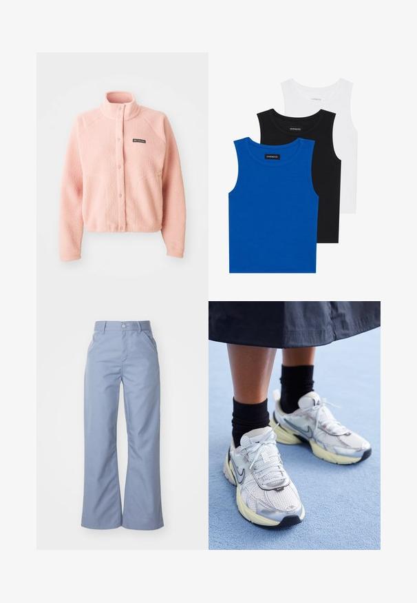 Soft pink fleece jacket with snap button closure, high collar, long sleeves, and Columbia logo on the chest.; Three sleeveless shirts in blue, black, and white. The fabric is ribbed with a round neckline. Each shirt has a tag labeled “even&odd.”; Light blue wide-leg trousers with a smooth cotton blend fabric, featuring front pockets and a button closure at the waist.; White and silver Nike sneakers with mesh fabric, reflective accents, and a beige sole. Worn with black socks, standing on a blue surface.