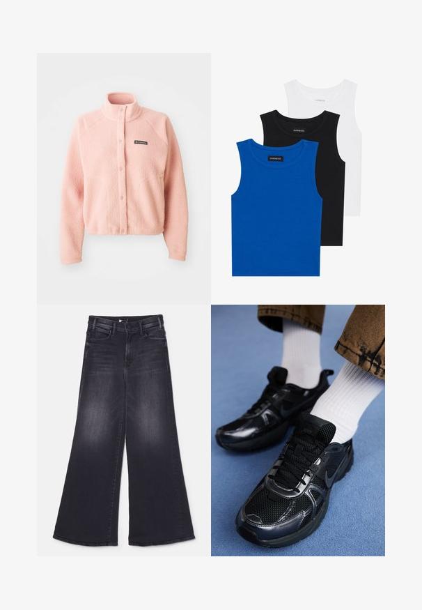 Pehmeä vaaleanpunainen fleece-takki, jossa on nepparikiinnitys, korkea kaulus, pitkät hihat ja Columbia-logo rinnassa.; Kolme hihattomaa paitaa sinisessä, mustassa ja valkoisessa. Kangas on ribattu ja kaula-aukko on pyöreä. Jokaisessa paidassa on "even&odd"-tunnus.; Mother LIL HUSTLER ROLLER SNEAK - Leveälahkeiset - not today satan; Musta Nike-urheilukengät, joissa on verkkopintaa kiiltävillä yksityiskohdilla, mustat nauhat ja teksturoitu pohja. Yhdistetty valkoisiin ribbipolkimiin.