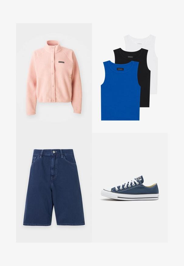 Weiche rosa Fleecejacke mit Druckknopfverschluss, hohem Kragen, langen Ärmeln und Columbia-Logo auf der Brust.; Drei ärmellose Hemden in Blau, Schwarz und Weiß. Der Stoff ist gerippt und hat einen runden Ausschnitt. Jedes Hemd hat ein Etikett mit der Aufschrift "even&odd".; Marineblaue Denim-Shorts mit einem traditionellen Fünf-Taschen-Design, Gürtelschlaufen und einem Frontknopfverschluss. Glatte Textur mit sichtbaren Nähten.; Segeltuch-Sneaker in Marineblau mit weißen Ösen und Schnürsenkeln, ausgestattet mit einer weißen Gummi-Zehenkappe und einem schwarzen Streifen entlang der Sohle.