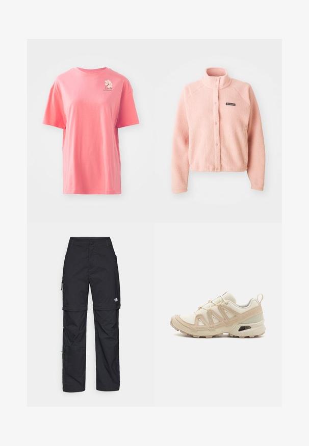 Mäkká ružová fleecová bunda so zapínaním na cvoky, vysokým golierom, dlhými rukávmi a logom Columbia na hrudi.; Tričko s krátkym rukávom v koralovo ružovej farbe vyrobené z bavlny s okrúhlym výstrihom. Obsahuje malé biele logo v hornej ľavej časti hrudi.; Čierne nylonové cargo nohavice s odnímateľnými nohavicami, nastaviteľnými manžetami, viacerými vreckami a logom na pravej nohe. Hladká, ľahká textúra.; Beige a krémová športová obuv s textúrovaným sieťovým zvrškom, podporujúcimi prekrytiami a gumovou podrážkou s dezénom pre trakciu.