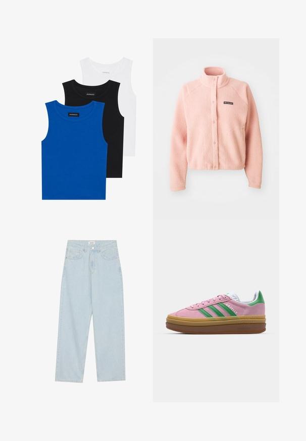 Myk rosa fleecejakke med trykknap-lukking, høy krage, lange ermer og Columbia-logo på brystet.; Tre ermeløse skjorter i blått, svart og hvitt. Stoffet er ribbet med rund halslinning. Hver skjorte har et merke merket "even&odd."; Lys blå vide jeans laget av denim, med middels høyde på livet, fem lommer og en knappelukking med en slank metalldetalj.; Rosa semskede sneakers med grønne striper, hvite detaljer og en brun gummisåle. Har teksturert stoff og logodetaljer på siden.