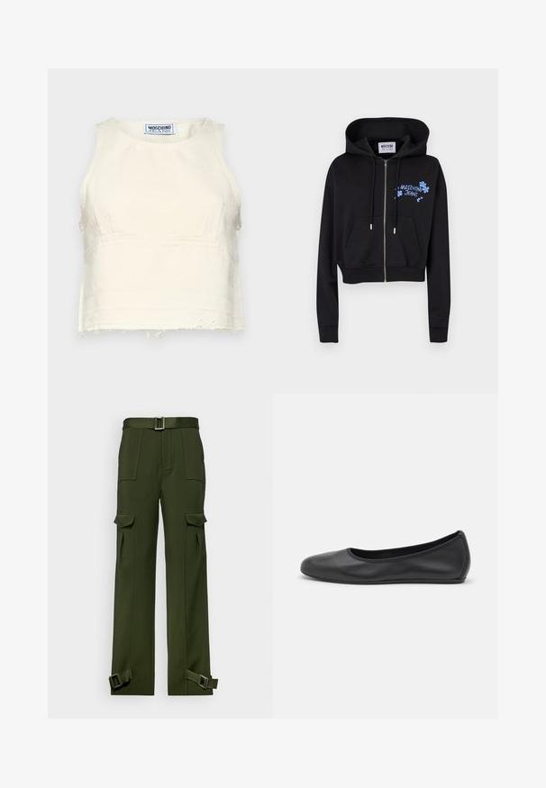 Juodas trumpas džinsinis megztinis su užtrauktuku, su mėlynu gėlių rašu ir logotipu "MOSCHINO JEANS" kairėje pusėje. Pagamintas iš medvilnės.; Trumpas, be Rankovių viršus iš kreminio medvilnės su nelygiu skeltuku. Yra apvalus iškirpimas ir subtilios siūlės. Logo etiketė viduje.; Žalios kargo kelnės, pagamintos iš tvirto audinio. Ypatybės: dirželis liemens, keli dideli kišeniai ir sagtis ant kulkšnių.; Juodai odiniai baletai su apvaliu pirštu, lygi texture, minimalus siuvimo detales ir lanksčiu padų dizainu.