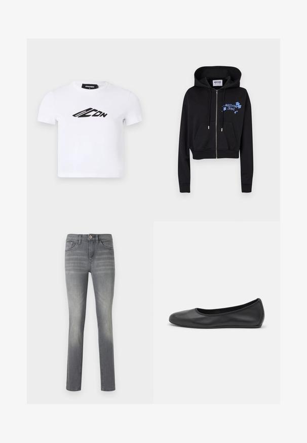 Felpa cropped nera con chiusura a zip, caratterizzata da una grafica floreale blu e dal logo "MOSCHINO JEANS" sul lato sinistro. Materiale in cotone.; T-shirt bianco a maniche corte in cotone, con una stampa del logo nero sulla parte anteriore. Design classico a collo rotondo con una forma aderente.; Jeans in denim grigio con una vestibilità slim, caratterizzati da un lavaggio sbiadito, cinque tasche, chiusura con bottone e dettagli di cucitura sottili.; Pantofole da balletto nere in pelle con punta arrotondata, texture liscia, dettagli di cucitura minimi e design con suola flessibile.