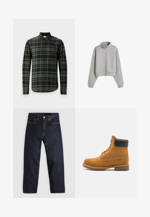 Rövidített szürke zipzáros pulóver magas gallérral, hosszú ujjal és bordás mandzsettákkal. Puha, könnyű anyagból készült, sima textúrával.; Hosszú ujjú ing sötétzöld és fekete kockás mintával, flanel anyagból készült. Klasszikus gallérral és fekete gombokkal rendelkezik.; Fehér, izmos szabású póló, tiszta pamutból készült. Kerek nyak, rövid ujjú, sima tapintású. Kis fekete logó címke az alsó szegélyen. Egyszerű dizájn.; Sötétkék farmernadrág egyenes szabással, öt zsebbel, kontrasztos narancssárga varrással és gombos záródással. Nem látható rajta mintázat vagy díszítés.; Barna velúr bokacipő fekete párnázott gallérral, arany fém fűzőlyukakkal, fehér varrási részletekkel és durva gumitalppal, amelynek kifejezett barázdái vannak.