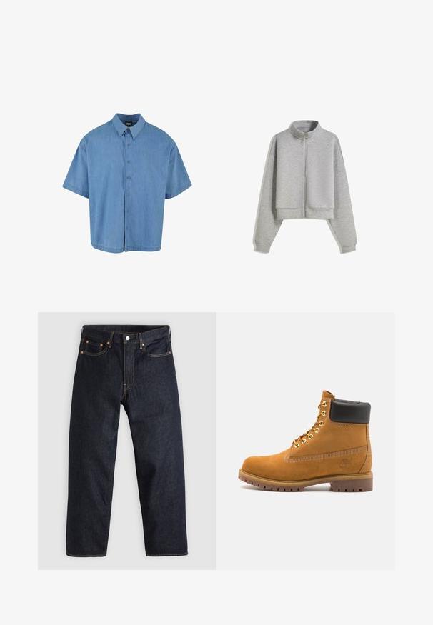 Skrátená šedá mikina na zips s vysokým golierom, dlhými rukávmi a rebrovanými manžetami. Vyrobená z mäkkého, ľahkého materiálu s hladkou textúrou.; Svetlomodrá krátkorpová košeľa na gombíky vyrobená z denimu. Má klasický golier a šesť gombíkových uzáverov vpredu.; Biela tričko priliehajúceho strihu vyrobené z bavlny. Okrúhly výstrih, krátke rukávy, hladká textúra. Malá čierna nášivka s logom na lemovaní. Jednoduchý dizajn.; Tmavomodré džínsy s rovnými nohavicami, piatimi vreckami, kontrastným oranžovým prešívaním a gombíkovým zapínaním. Žiadne viditeľné vzory alebo ozdoby.; Tyrkysové semišové členkové topánky s čiernym polstrovaným golierom, zlatými kovovými očkami, bielym prešívaním a robustnou gumovou podrážkou s výraznými drážkami.