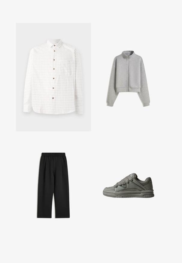 Zkrácená šedá mikina na zip s vysokým límcem, dlouhými rukávy a žebrovanými manžetami. Vyrobena z měkkého, lehkého materiálu s hladkou texturou.; Bílé košilové tričko s kostkovaným vzorem v námořnické modři, s náprsní kapsou, zaobleným lemem a dřevěnými knoflíky. Lehká látka.; Černé široké kalhoty s elastickým pasem a bočními kapsami, zobrazené na bílém pozadí.; Šedá sportovní bota s texturovaným koženým a síťovaným svrškem, silnou gumovou podrážkou a výrazným polstrovaným jazykem a bočními stranami. K dispozici jsou tkaničky a boční akcenty.