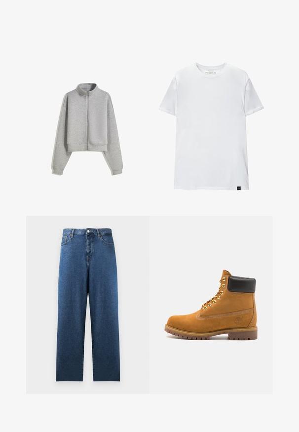 Gecropter grauer Zip-Hoodie mit hohem Kragen, langen Ärmeln und gerippten Bündchen. Hergestellt aus weichem, leichtem Material mit einer glatten Textur.; Weißes Muskel-fitt T-Shirt aus Baumwolle. Rundhals, kurze Ärmel, glatte Textur. Kleines schwarzes Logo-Tag am Saum. Schlichtes Design.; Blaue Jeans aus Denim mit gerade geschnittenem Schnitt, hoher Taille und zwei Fronttaschen. Mit klassischer Nahtverzierung und Knopfverschluss.; Beige Wildleder-Ankle-Boot mit schwarzem gepolstertem Kragen, goldenen Metallösen, weißen Nähdetalben und einer robusten Gummisohle mit ausgeprägtem Profil.