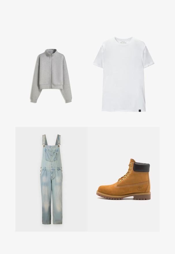 Lyhythihainen harmaa vetoketjullinen huppari, jossa on korkea kaulus, pitkiä hihoja ja ribbireunat. Valmistettu pehmeästä, kevyestä materiaalista, jossa on sileä pinta.; Valkoinen lihaksen istuvuus t-paita, joka on valmistettu puuvillasta. Pyöreä kaula-aukko, lyhyet hihat, sileä rakenne. Pieni musta logotagi helman kohdalla. Yksinkertainen muotoilu.; Vaaleansiniset farkkuhaalarit, joissa on säädettävät olkaimet, rintataskut ja sivutaskut sekä väljä, lyhyt malli. Haalarissa on haalistuneita kohtia.; Valkoinen nahkainen nilkkuri mustalla pehmustetulla kauluksella, kultaisilla metallisilla rei'illä, valkoisella ompeluksella ja jykevällä kumipohjalla, jossa on selvästi näkyvät urat.