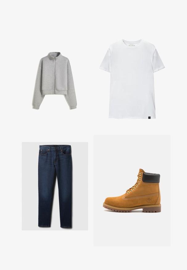 Zkrácená šedá mikina na zip s vysokým límcem, dlouhými rukávy a žebrovanými manžetami. Vyrobena z měkkého, lehkého materiálu s hladkou texturou.; Bílá tričko s těsným střihem vyrobené z bavlny. Kolečkový výstřih, krátké rukávy, hladká textura. Malá černá visačka s logem na lemu. Jednoduchý design.; Tmavě modré slim-fit džíny s mírným vyblednutím na předních stehnech, měděné nýty a klasickým pětikapsovým designem, položené na bílé pozadí.; Hnědé semišové kotníkové boty s černým polstrovaným límcem, zlatými kovovými očky, bílým prošíváním a odolnou gumovou podrážkou s výraznými drážkami.