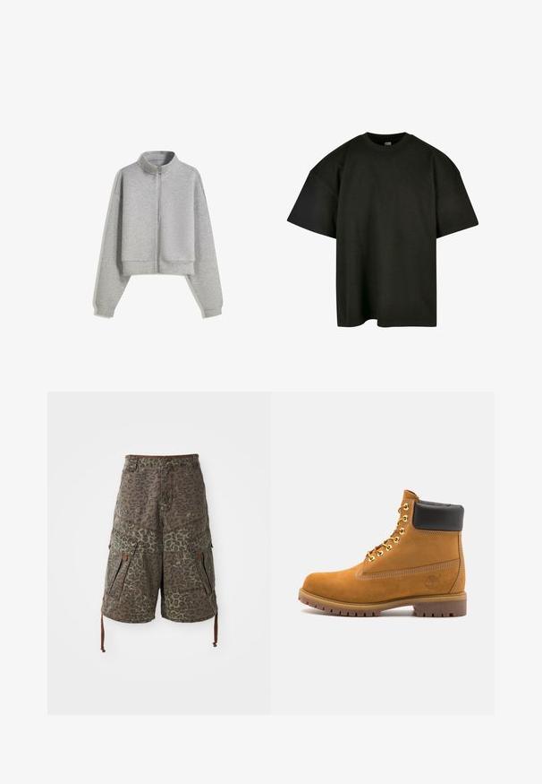 Korte grijze zip-up sweatshirt met een hoge kraag, lange mouwen en geribbelde manchetten. Gemaakt van zacht, lichtgewicht materiaal met een gladde textuur.; Zwart oversized t-shirt van zachte katoen. Heeft een ronde ronde halslijn en korte mouwen, met een zachte textuur en een minimalistisch ontwerp.; Camo cargoshorts in groen en bruin met een luipaardprint, voorzien van meerdere zakken, verstelbare trekkoorden en versterkte stiksels.; Tan suède enkelboot met zwart gevoerd kraagje, gouden metalen oogjes, witte stikdetails en een robuuste rubberen zool met uitgesproken profiel.