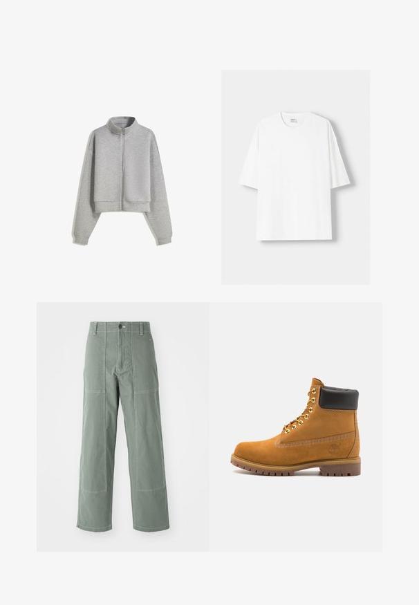 Gecropter grauer Zip-Hoodie mit hohem Kragen, langen Ärmeln und gerippten Bündchen. Hergestellt aus weichem, leichtem Material mit einer glatten Textur.; Weißes kurzärmliges T-Shirt aus Baumwolle mit Rundhalsausschnitt und lockerer Passform. Glatte Textur, ohne sichtbare Muster oder Akzente.; Grüne Cargo-Hosen mit lockerer Passform, ausgestattet mit aufgesetzten Taschen, kontrastierenden Nähten, einem vorderen Knopfverschluss und einem geraden Bein-Design.; Beige Wildleder-Ankle-Boot mit schwarzem gepolstertem Kragen, goldenen Metallösen, weißen Nähdetalben und einer robusten Gummisohle mit ausgeprägtem Profil.