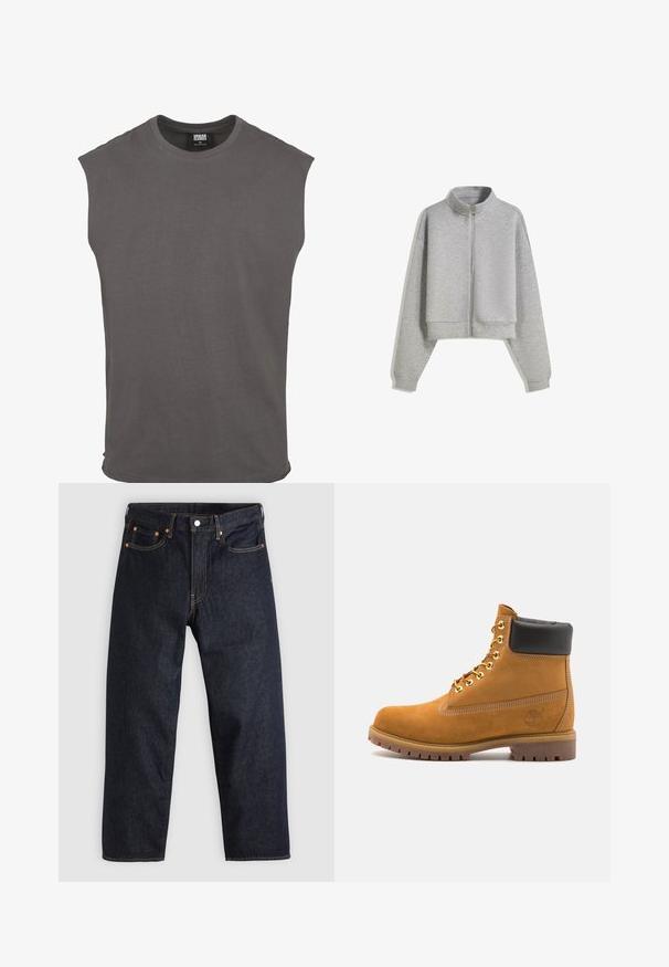 Korte grijze zip-up sweatshirt met een hoge kraag, lange mouwen en geribbelde manchetten. Gemaakt van zacht, lichtgewicht materiaal met een gladde textuur.; Grijze katoenen t-shirt met korte mouwen, een ronde hals en een relaxte pasvorm. Eenvoudig ontwerp, zachte textuur, geen patronen of zichtbare hardware.; Donkerblauwe denim jeans met een rechte snit, vijf zakken, contrasterende oranje stiksels en een knoopsluiting. Geen zichtbare patronen of versieringen.; Tan suède enkelboot met zwart gevoerd kraagje, gouden metalen oogjes, witte stikdetails en een robuuste rubberen zool met uitgesproken profiel.