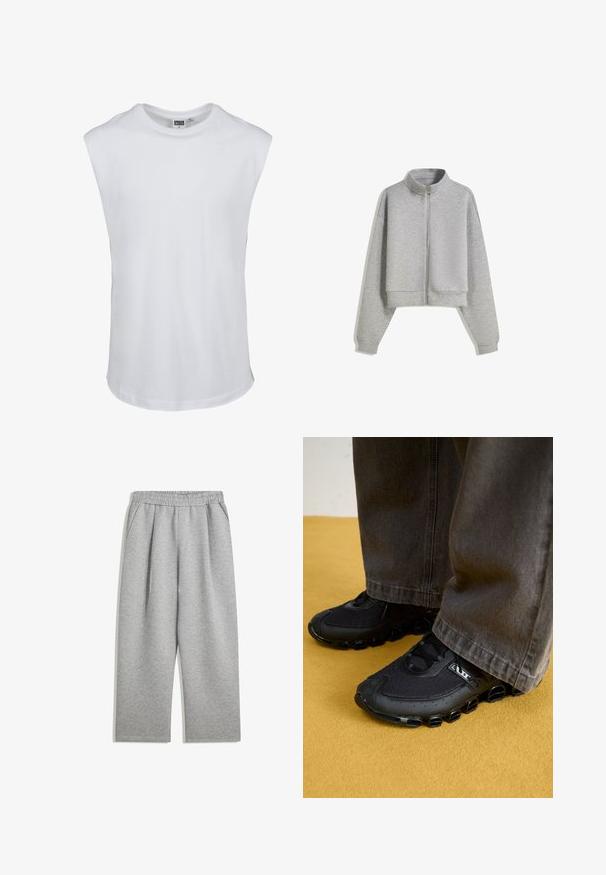 Zkrácená šedá mikina na zip s vysokým límcem, dlouhými rukávy a žebrovanými manžetami. Vyrobena z měkkého, lehkého materiálu s hladkou texturou.; Bílý bezrukávový tričko vyrobené z bavlny. Hladká textura s kulatým výstřihem a rovnými okraji. Bez grafik nebo dalších detailů.; Světle šedé tepláky s elastickým pasem a bočními kapsami, rovný střih nohavic, vyrobené z měkké tkaniny.; Černé sportovní boty s síťovaným svrškem, zakřivenou podrážkou a charakteristickými zaoblenými detaily. V kombinaci s tmavými, volnými kalhotami.