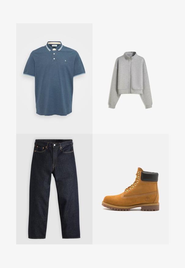 Przycięta szara bluza z zamkiem błyskawicznym, z wysokim kołnierzem, długimi rękawami i ściągaczami. Wykonana z miękkiego, lekkiego materiału o gładkiej fakturze.; Męska niebieska koszulka polo z krótkim rękawem, z białymi i jasnoniebieskimi paskami na kołnierzyku i krawędziach rękawów, trzema guzikami z przodu oraz małym logo na piersi.; Granatowe dżinsy w prostym kroju, z pięcioma kieszeniami, kontrastującymi pomarańczowymi szwami oraz zapięciem na guzik. Brak widocznych wzorów lub zdobień.; Beżowe zamszowe botki sięgające kostki z czarną wyściełaną krawędzią, złotymi oczkami, białymi detalami szycia oraz wytrzymałą gumową podeszwą z wyraźnym bieżnikiem.