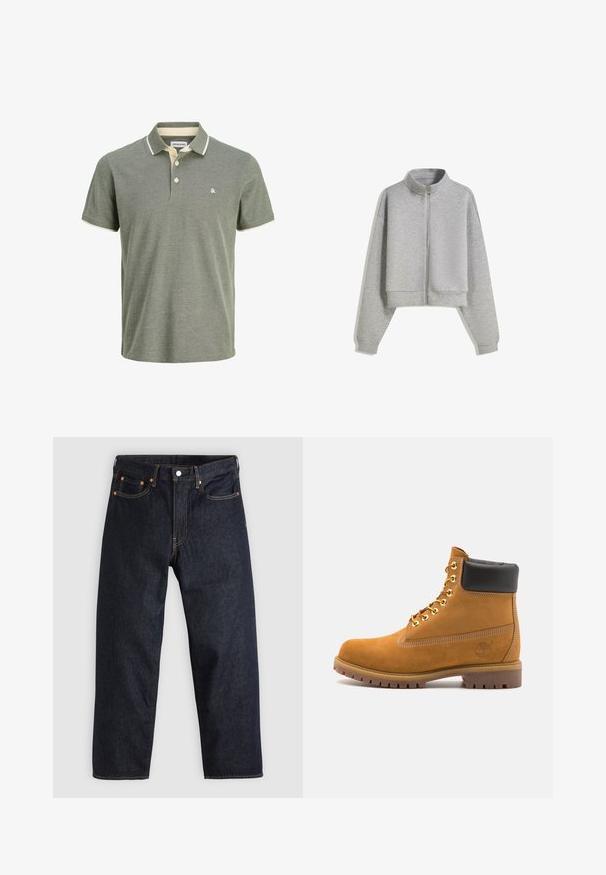 Afklippet grå zip-sweatshirt med høj krave, lange ærmer og ribbede manchetter. Fremstillet af blødt, let materiale med en glat tekstur.; Grøn polo skjorte med en struktureret overflade, der har en krave med cremefarvet kant, to knaplukninger og et lille logo på brystet.; Mørkeblå denimjeans med lige pasform, fem lommer, kontrasterende orange syning og knaplukning. Ingen synlige mønstre eller udsmykninger.; Tan nubuck ankelstøvle med sort polstret krave, gyldne metaløjer, hvid syning detaljer og robust gummisål med udtalte slidbaner.