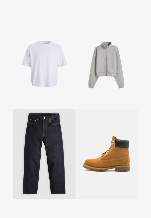 Gecropter grauer Zip-Hoodie mit hohem Kragen, langen Ärmeln und gerippten Bündchen. Hergestellt aus weichem, leichtem Material mit einer glatten Textur.; Weißes Baumwoll-T-Shirt mit Rundhalsausschnitt, kurzen Ärmeln und lockerer Passform. Glatte Textur und minimalistisches Design ohne sichtbare Muster oder Akzente.; Dunkelblaue Jeans aus Denim mit geradem Schnitt, fünf Taschen, kontrastierenden orangen Nähten und einem Knopfverschluss. Keine sichtbaren Muster oder Verzierungen.; Beige Wildleder-Ankle-Boot mit schwarzem gepolstertem Kragen, goldenen Metallösen, weißen Nähdetalben und einer robusten Gummisohle mit ausgeprägtem Profil.